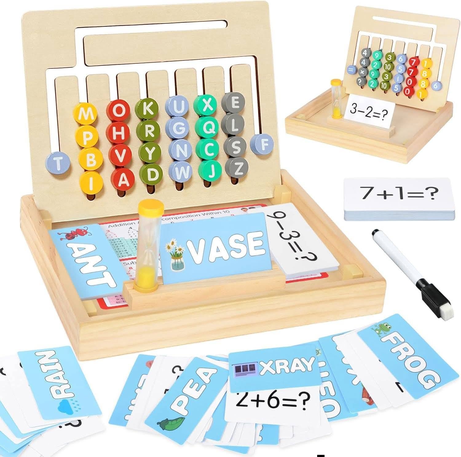 কাঠের মন্টেসরি স্লাইডিং-বিড অক্ষর ও গণিত শেখার বক্স, সাথে ফ্ল্যাশকার্ড